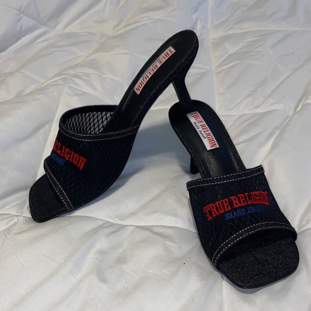 True Religion Black Mesh Heeled Mules